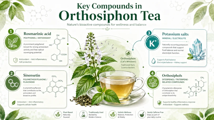 Key compounds in Orthosiphon tea including rosmarinic acid, sinensetin, potassium salts, and orthosiphols