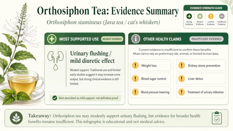 Evidence summary for Orthosiphon tea showing modest support for urinary flushing and insufficient evidence for other health claims
