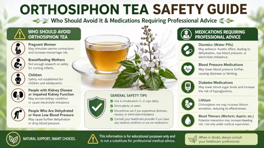 Orthosiphon tea safety guide showing who should avoid it and medications requiring professional advice