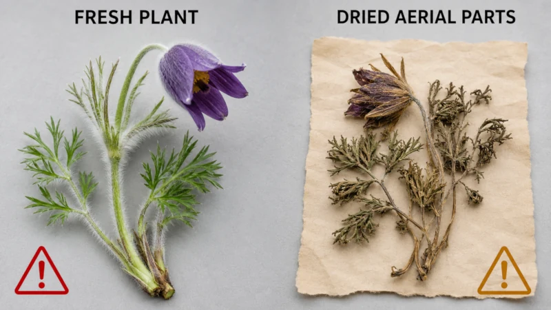 Fresh pasque flower plant next to dried aerial parts, illustrating the safety difference.
