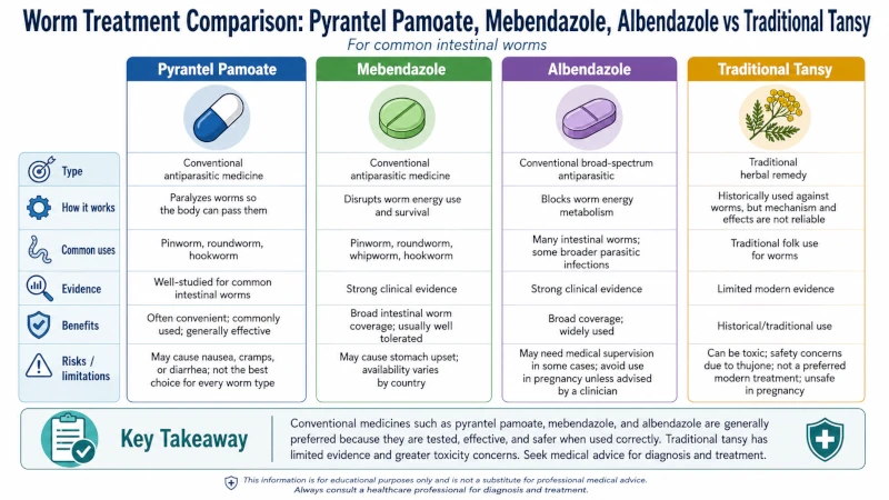 Comparison of pyrantel pamoate, mebendazole, and albendazole versus traditional tansy for worms.