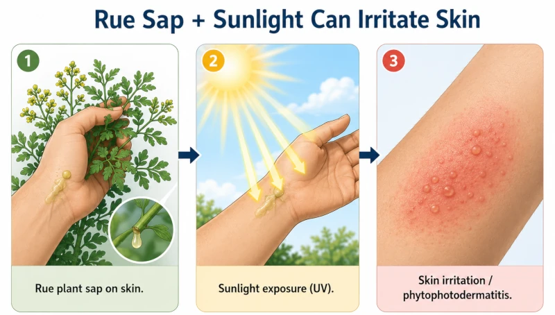 Diagram showing rue plant sap on skin followed by sunlight exposure causing irritation.