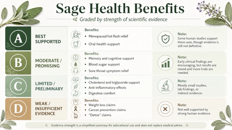 Chart grading health benefits of sage by strength of scientific evidence.