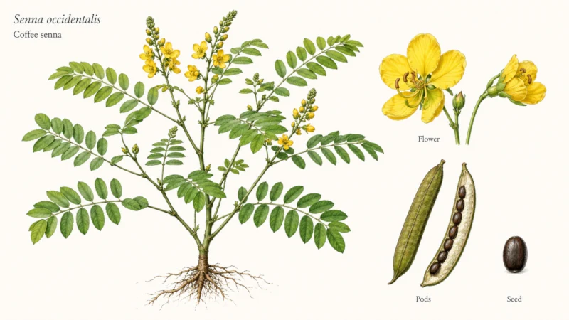 Coffee senna plant (stinking weed) with pinnate leaves and yellow flowers