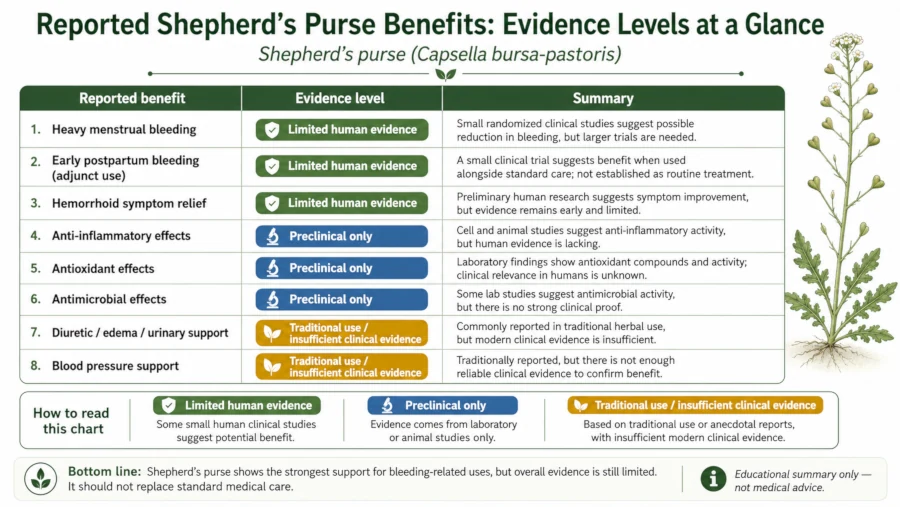 Chart summarizing evidence levels for reported shepherd’s purse benefits