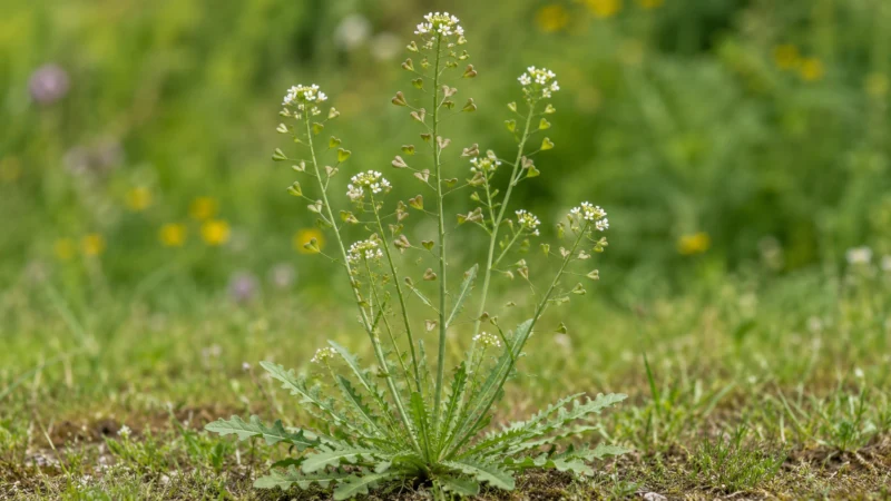 Shepherd’s purse plant with white flowers and heart-shaped seed pods