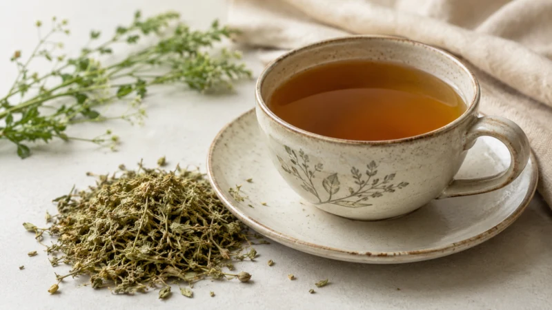 Cup of shepherd’s purse tea beside dried Capsella bursa-pastoris herb