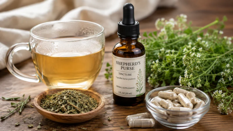 Shepherd’s purse tea, tincture and capsules arranged on a table