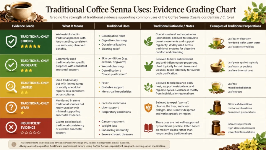 Chart grading traditional coffee senna uses from traditional-only to insufficient evidence