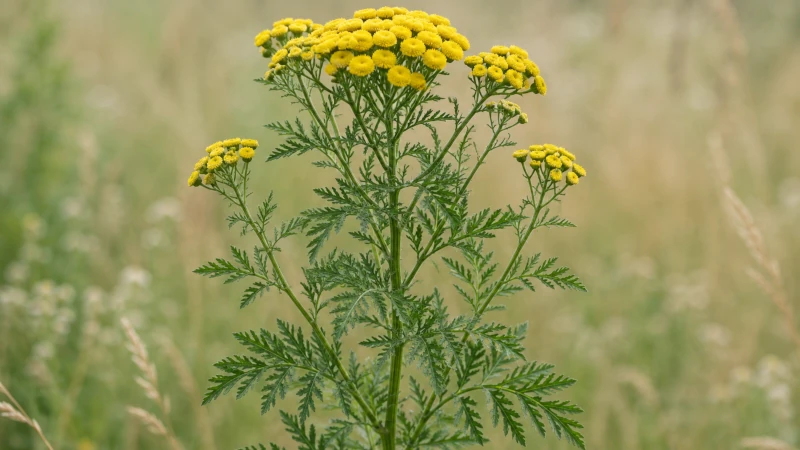 Common tansy plant with flat clusters of yellow button-like flowers and fern-like leaves.