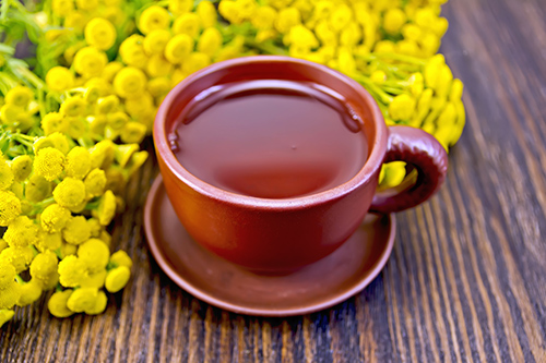 tansy plant tea in a red cup with tansy flowers next to it
