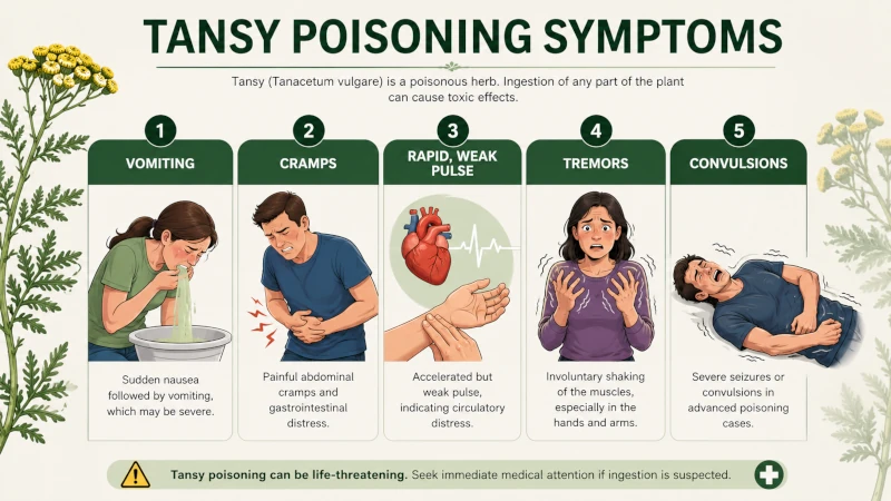 Chart of tansy poisoning symptoms: vomiting, cramps, rapid weak pulse, tremors, convulsions.
