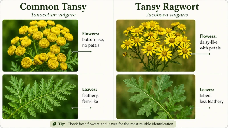 Side-by-side identification of common tansy and tansy ragwort flowers and leaves.