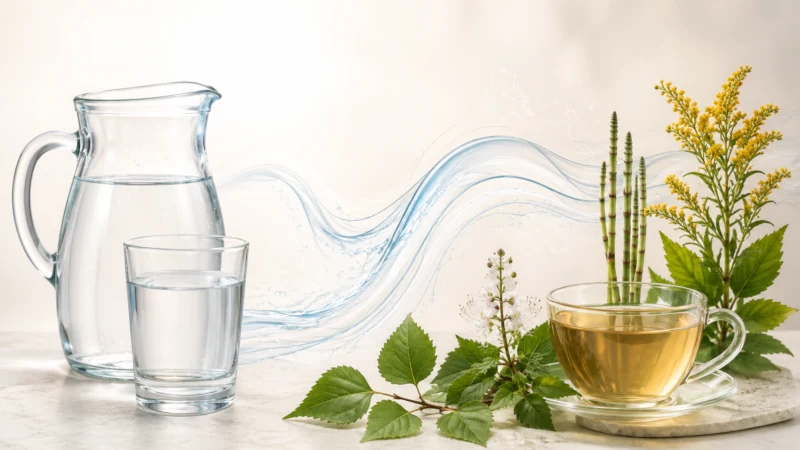 Water and herbal tea illustrating hydration and the diuretic effect of traditional urinary herbs