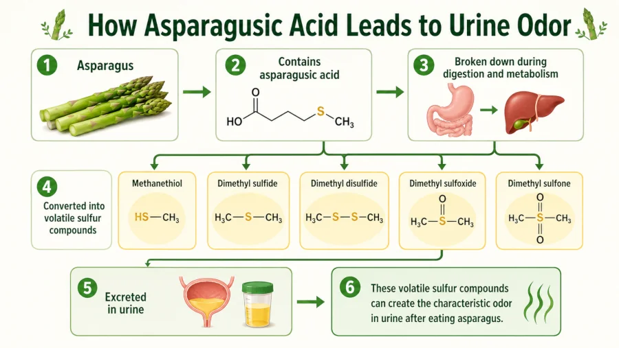 Diagram showing asparagusic acid breaking down into volatile sulfur compounds excreted in urine.