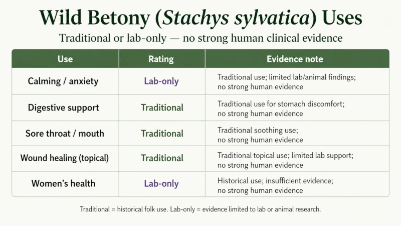 Chart showing wild betony uses rated as traditional or lab-only, with no strong human clinical evidence.