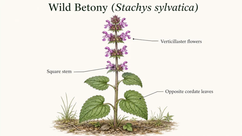 Labeled diagram of wild betony showing square stem, opposite cordate leaves, and verticillaster flowers.