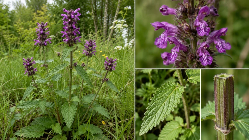 Wild betony (Stachys sylvatica) with reddish-purple two-lipped flowers on a square stem.