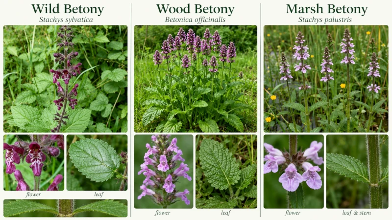 Side-by-side comparison of wild betony, wood betony, and marsh betony leaves and flowers.