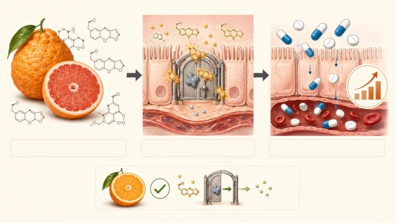 Diagram showing bitter orange, like grapefruit, blocks the CYP3A4 enzyme and can raise levels of some medicines.