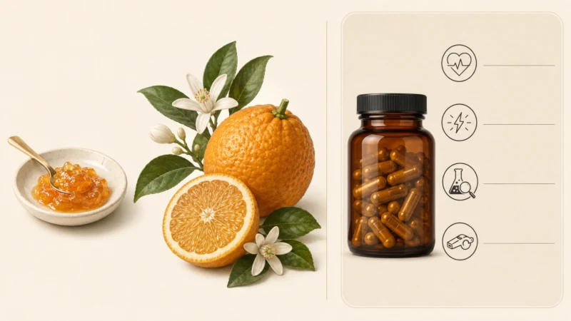 Safety summary card for bitter orange supplements covering synephrine, cardiovascular concerns, adulteration, and NCAA status.