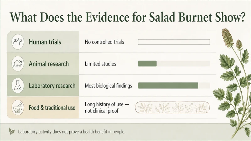 Evidence chart for salad burnet showing no human trials and mostly laboratory research