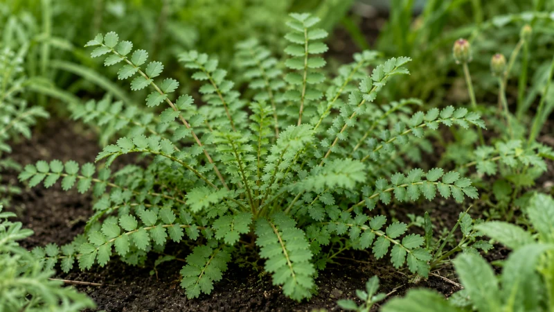 Salad burnet plant showing paired oval leaflets with sharply toothed edges