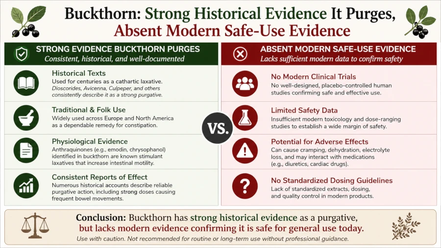 Chart contrasting strong evidence that buckthorn purges with absent modern safe-use evidence.