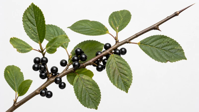 Common buckthorn branch with black berries, toothed leaves, and a terminal thorn.