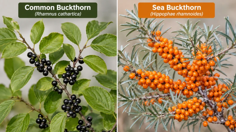 Side-by-side of black common buckthorn berries and orange sea buckthorn berries showing they are different plants.
