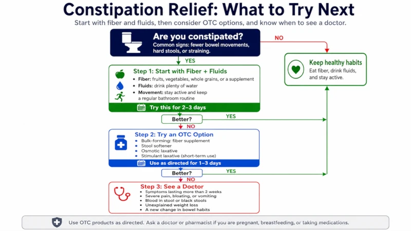 Decision tree moving from fiber and fluids to OTC options and when to see a doctor.