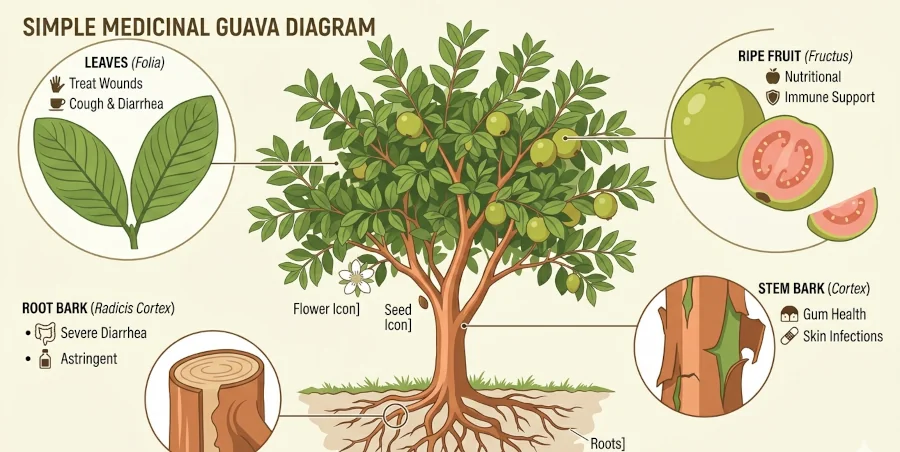 Labeled diagram of a guava tree showing the medicinal parts — leaves, root and stem bark, and ripe fruit.