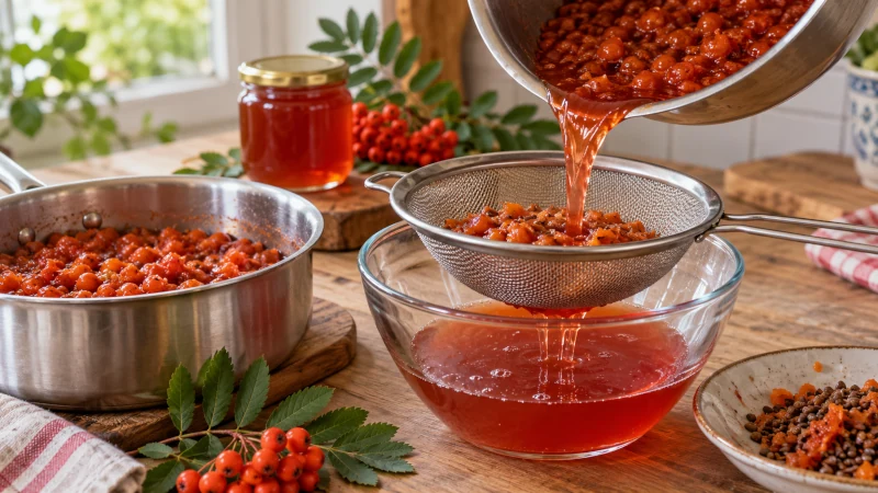 Cooked rowan berries being strained to remove seeds while making rowan jelly