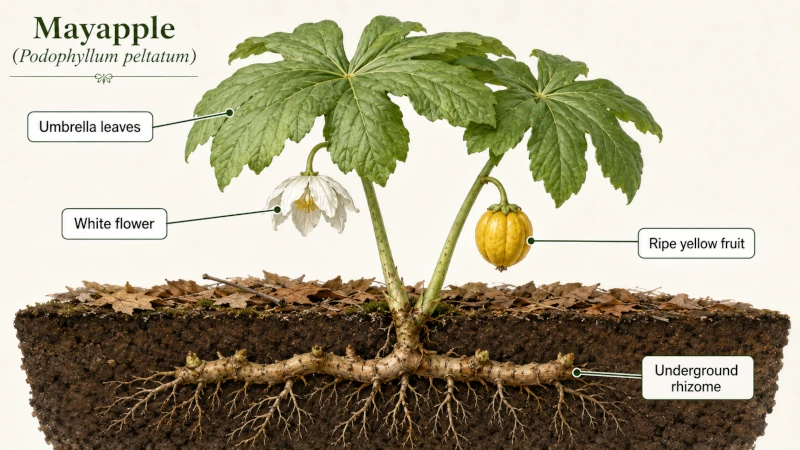 Labeled mayapple plant showing umbrella leaves, white flower, ripe yellow fruit, and underground rhizome.