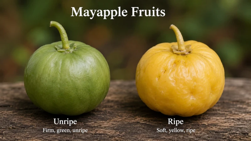 Side-by-side comparison of firm green unripe mayapple and soft yellow ripe mayapple fruit.