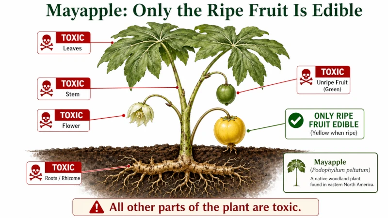 Diagram showing only the ripe mayapple fruit as edible and all other parts as toxic.