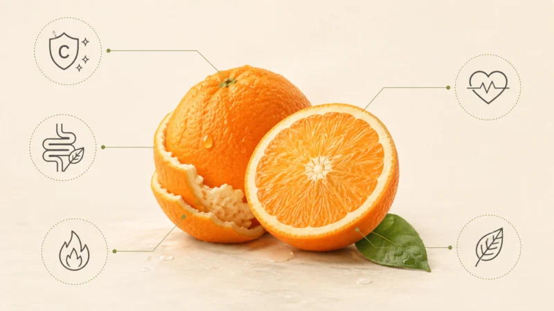 Nutrition breakdown of one medium orange showing vitamin C, fiber, potassium, folate, and calories.