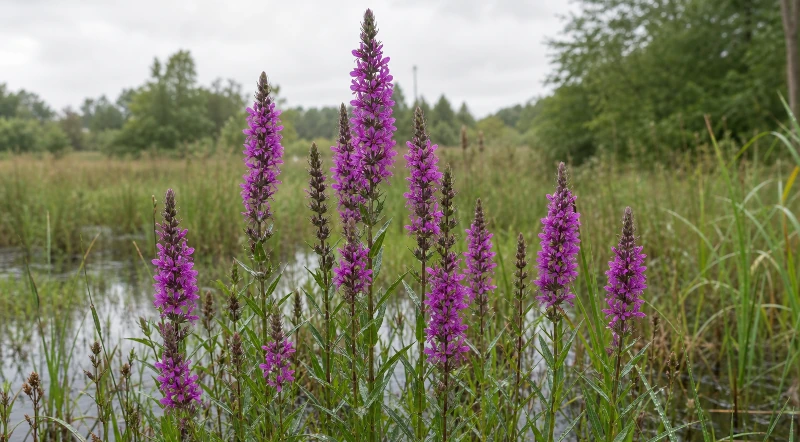 Purple loosestrife flowers growing in a wet meadow