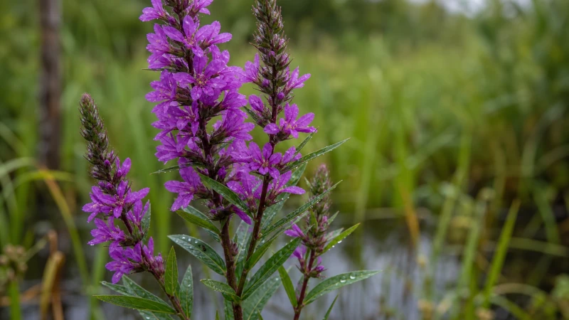 Close-up of purple loosestrife plant with tall purple flower spikes and narrow leaves