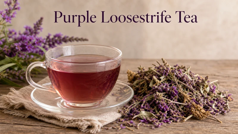Cup of purple loosestrife tea beside dried herb