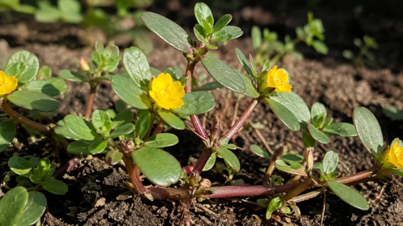 Close-up of a purslane plant showing thick paddle-shaped leaves and smooth reddish stems