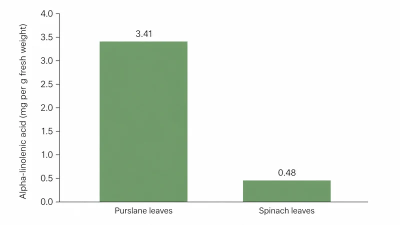 Bar chart comparing alpha-linolenic acid content of purslane leaves and spinach leaves per gram fresh weight