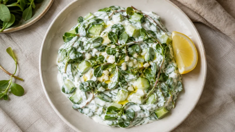 Bowl of purslane leaves stirred into yogurt with cucumber, garlic and olive oil