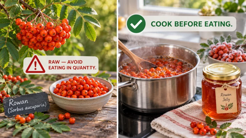 Raw rowan berries compared with safely cooked rowan berries and rowan jelly