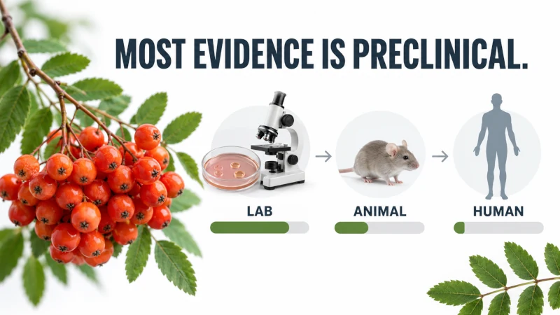 Illustration showing that most research on rowan benefits comes from laboratory and animal studies