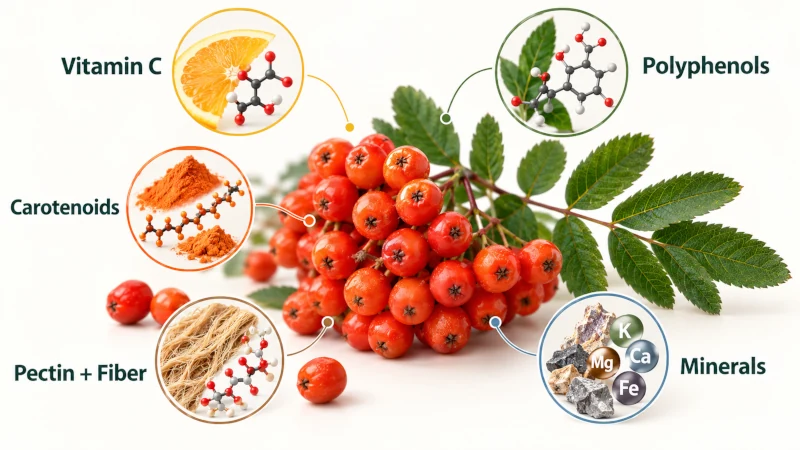 Rowan berries illustrated with vitamin C, polyphenols, carotenoids, fiber and minerals