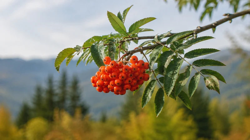 Ripe orange-red rowan berries growing on a rowan tree branch