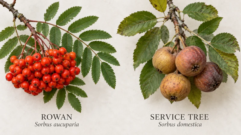 Visual comparison of rowan berries and service tree fruit