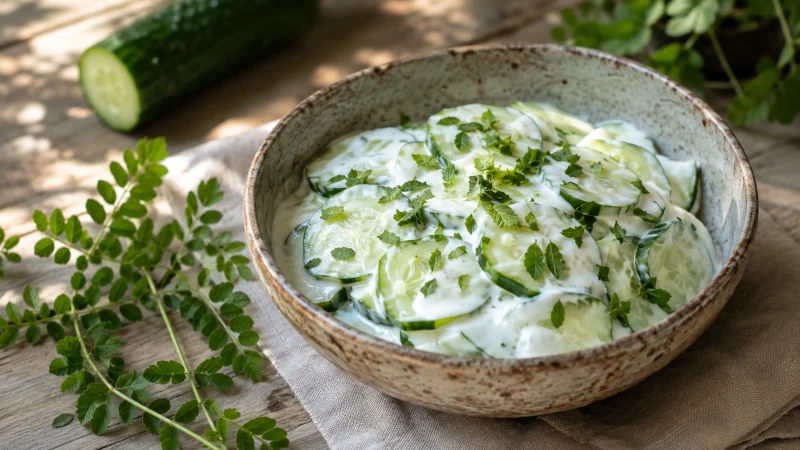 Fresh chopped salad burnet leaves scattered over cucumber and yogurt salad