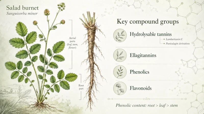 Salad burnet leaves and root illustrating tannins, phenolics and flavonoids in the plant